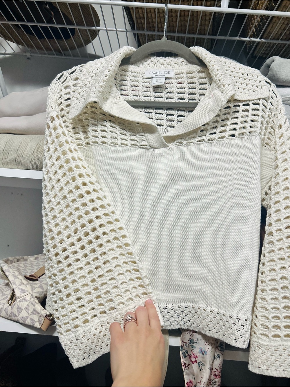 Rachel Zoe Cropped Crochet Collared Sweater